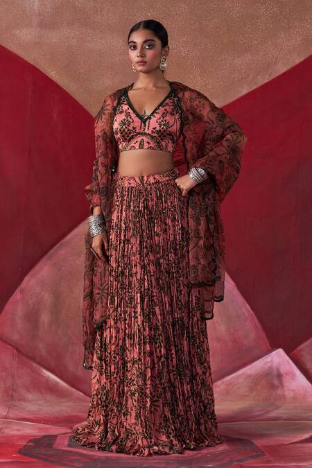 Shop_Jigar Mali_Multi Color Chanderi, Organza Embroidery V-neck Dori Hand Blouse Lehenga Set_Online_at_Aza_Fashions