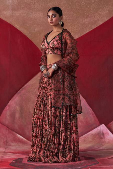 Jigar Mali_Multi Color Chanderi, Organza Embroidery V-neck Dori Hand Blouse Lehenga Set_at_Aza_Fashions