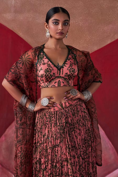 Buy_Jigar Mali_Multi Color Chanderi, Organza Embroidery V-neck Dori Hand Blouse Lehenga Set