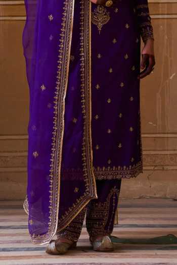Jigar Mali_Purple Organza, Chiffon Embroidery Round Neck Dori Hand Kurta Pant Set_Online_at_Aza_Fashions