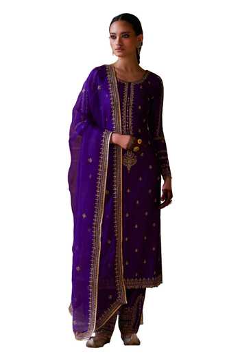 Buy_Jigar Mali_Purple Organza, Chiffon Embroidery Round Neck Dori Hand Kurta Pant Set_Online_at_Aza_Fashions