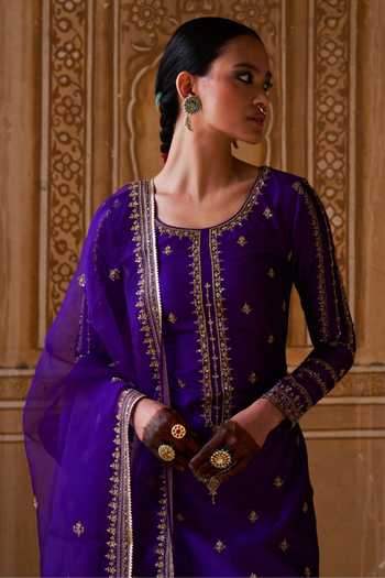 Shop_Jigar Mali_Purple Organza, Chiffon Embroidery Round Neck Dori Hand Kurta Pant Set_Online_at_Aza_Fashions