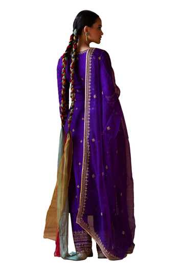 Jigar Mali_Purple Organza, Chiffon Embroidery Round Neck Dori Hand Kurta Pant Set_at_Aza_Fashions