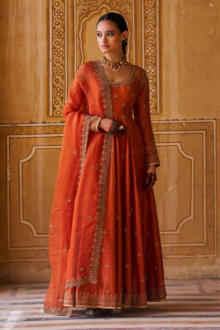 Jigar Mali Orange Anarkali And Pant Chanderi Hand Embroidered Dori Round Set 