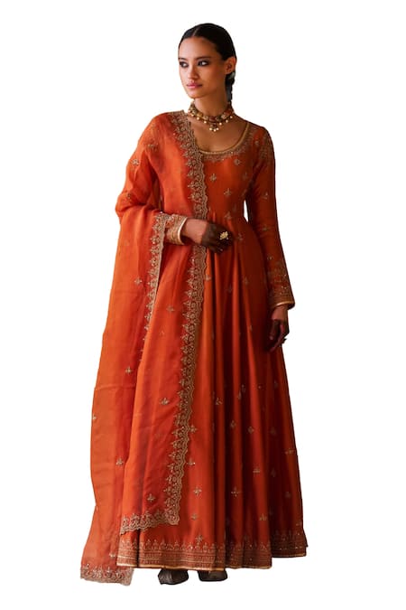 Jigar Mali_Orange Chanderi, Organza Embroidery Round Neck Dori Hand Anarkali Pant Set _Online_at_Aza_Fashions