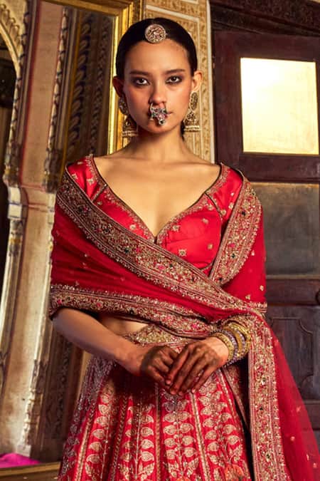 Shop Jigar Mali Red Silk, Organza, Brocade Embroidery V-neck Blouse Lehenga Set at Aza Fashions Shop_Jigar Mali_Red Silk, Organza, Brocade Embroidery V-neck Blouse Lehenga Set _at_Aza_Fashions