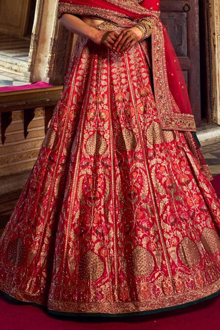 Jigar Mali Red Silk, Organza, Brocade Embroidery V-neck Blouse Lehenga Set Online at Aza Fashions Jigar Mali_Red Silk, Organza, Brocade Embroidery V-neck Blouse Lehenga Set _Online_at_Aza_Fashions