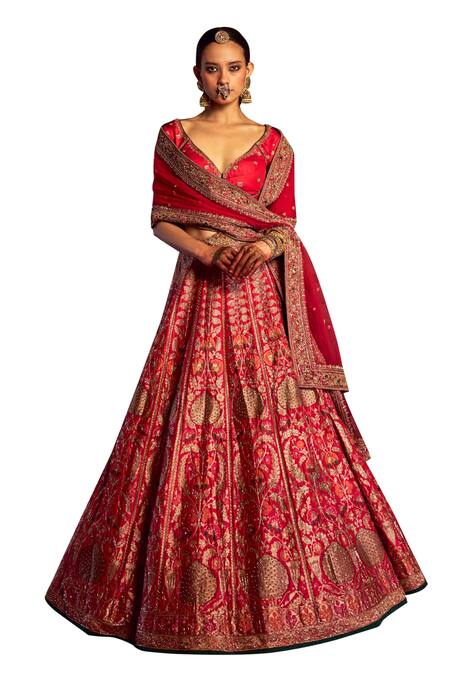 Buy Jigar Mali Red Silk, Organza, Brocade Embroidery V-neck Blouse Lehenga Set Online at Aza Fashions Buy_Jigar Mali_Red Silk, Organza, Brocade Embroidery V-neck Blouse Lehenga Set _Online_at_Aza_Fashions