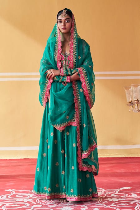 Jigar Mali Green Chanderi, Organza Embroidery V-neck Hand Jacket Anarkali Set 