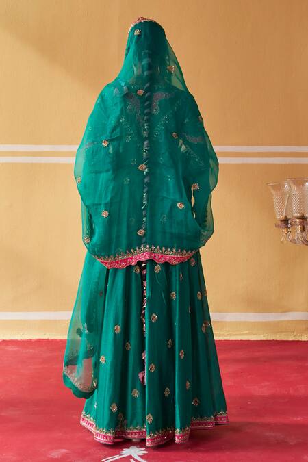 Shop Jigar Mali Green Chanderi, Organza Embroidery V-neck Hand Jacket Anarkali Set at Aza Fashions Shop_Jigar Mali_Green Chanderi, Organza Embroidery V-neck Hand Jacket Anarkali Set _at_Aza_Fashions