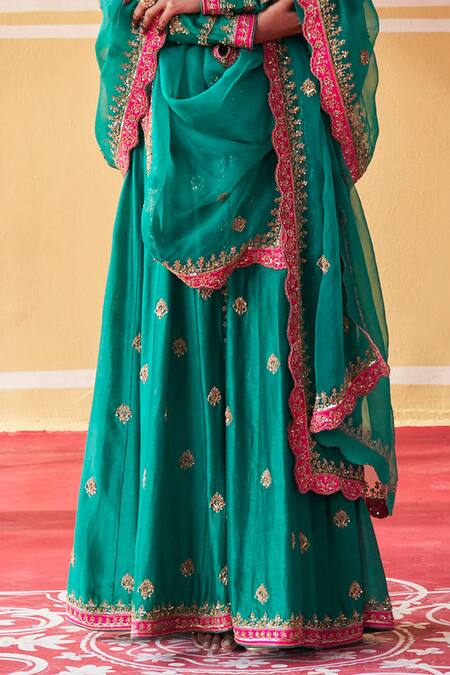 Jigar Mali Green Chanderi, Organza Embroidery V-neck Hand Jacket Anarkali Set Online at Aza Fashions Jigar Mali_Green Chanderi, Organza Embroidery V-neck Hand Jacket Anarkali Set _Online_at_Aza_Fashions