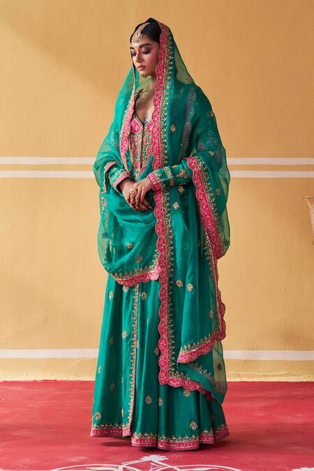 Shop Jigar Mali Green Chanderi, Organza Embroidery V-neck Hand Jacket Anarkali Set Online at Aza Fashions Shop_Jigar Mali_Green Chanderi, Organza Embroidery V-neck Hand Jacket Anarkali Set _Online_at_Aza_Fashions