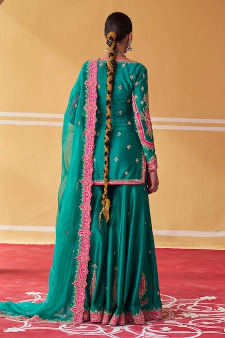 Shop Jigar Mali Green Chanderi, Organza Embroidery Split V-neck Dori Kurta Sharara Set at Aza Fashions Shop_Jigar Mali_Green Chanderi, Organza Embroidery Split V-neck Dori Kurta Sharara Set _at_Aza_Fashions