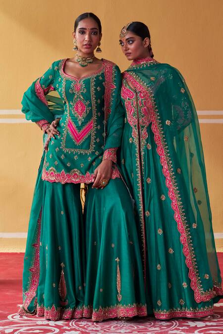 Jigar Mali Green Chanderi, Organza Embroidery Split V-neck Dori Kurta Sharara Set Online at Aza Fashions Jigar Mali_Green Chanderi, Organza Embroidery Split V-neck Dori Kurta Sharara Set _Online_at_Aza_Fashions