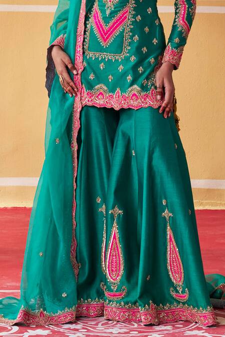 Buy Jigar Mali Green Chanderi, Organza Embroidery Split V-neck Dori Kurta Sharara Set Online at Aza Fashions Buy_Jigar Mali_Green Chanderi, Organza Embroidery Split V-neck Dori Kurta Sharara Set _Online_at_Aza_Fashions