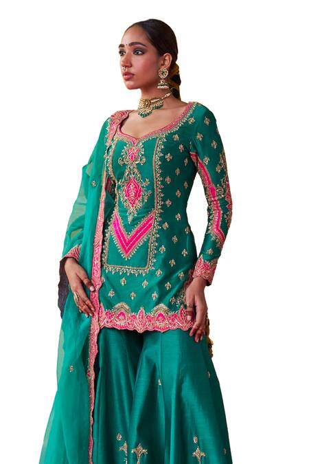 Shop Jigar Mali Green Chanderi, Organza Embroidery Split V-neck Dori Kurta Sharara Set Online at Aza Fashions Shop_Jigar Mali_Green Chanderi, Organza Embroidery Split V-neck Dori Kurta Sharara Set _Online_at_Aza_Fashions