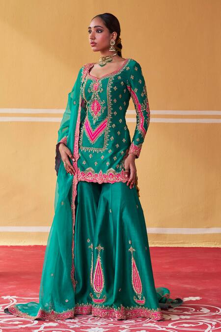 Jigar Mali Green Chanderi, Organza Embroidery Split V-neck Dori Kurta Sharara Set at Aza Fashions Jigar Mali_Green Chanderi, Organza Embroidery Split V-neck Dori Kurta Sharara Set _at_Aza_Fashions