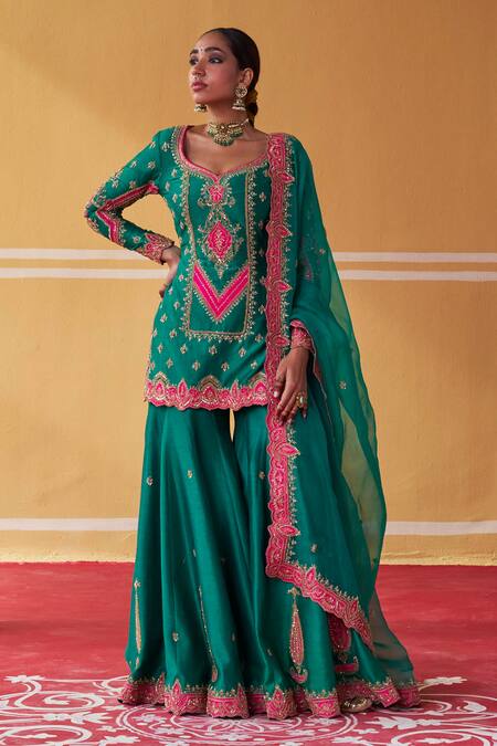 Buy Jigar Mali Green Chanderi, Organza Embroidery Split V-neck Dori Kurta Sharara Set Buy_Jigar Mali_Green Chanderi, Organza Embroidery Split V-neck Dori Kurta Sharara Set