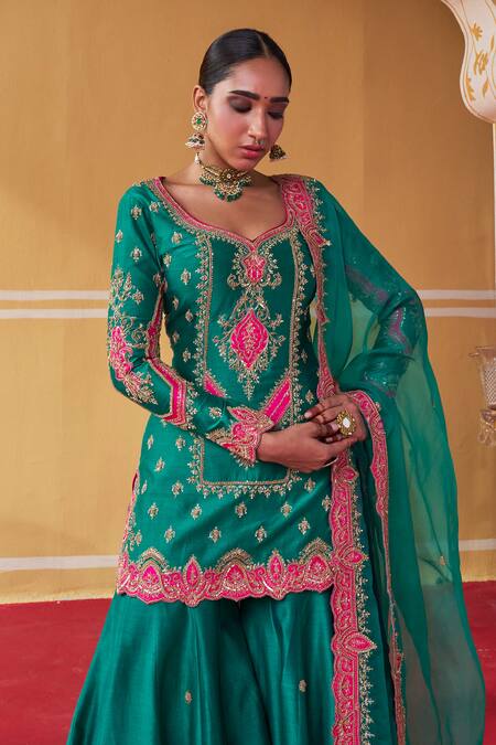 Shop Jigar Mali Green Chanderi, Organza Embroidery Split V-neck Dori Kurta Sharara Set Shop_Jigar Mali_Green Chanderi, Organza Embroidery Split V-neck Dori Kurta Sharara Set