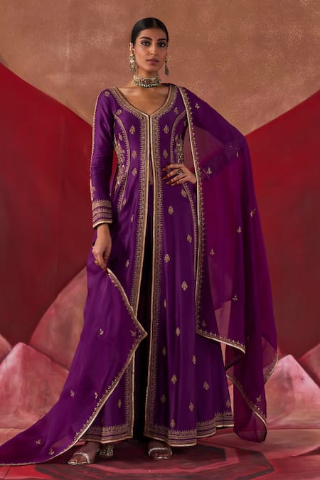 Shop Jigar Mali Purple Chanderi, Organza Embroidery, Diamonds Dori Hand Jacket Anarkali Set Online at Aza Fashions Shop_Jigar Mali_Purple Chanderi, Organza Embroidery, Diamonds Dori Hand Jacket Anarkali Set _Online_at_Aza_Fashions