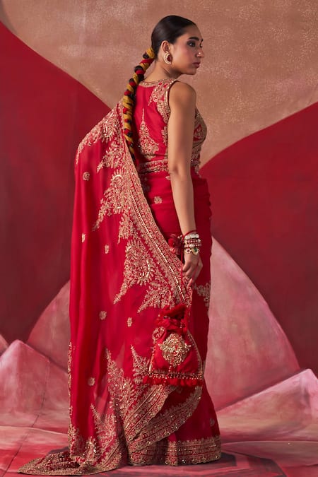 Shop Jigar Mali Red Silk Embroidery Scoop Neck Hand Saree With Blouse at Aza Fashions Shop_Jigar Mali_Red Silk Embroidery Scoop Neck Hand Saree With Blouse _at_Aza_Fashions