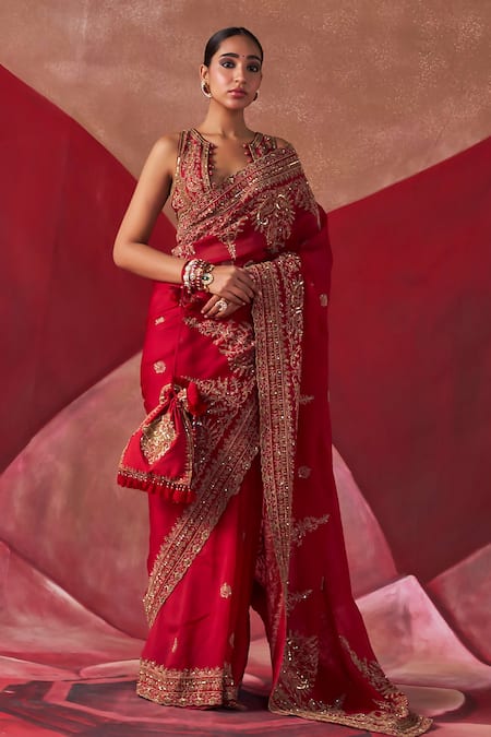 Jigar Mali Red Silk Embroidery Scoop Neck Hand Saree With Blouse Online at Aza Fashions Jigar Mali_Red Silk Embroidery Scoop Neck Hand Saree With Blouse _Online_at_Aza_Fashions
