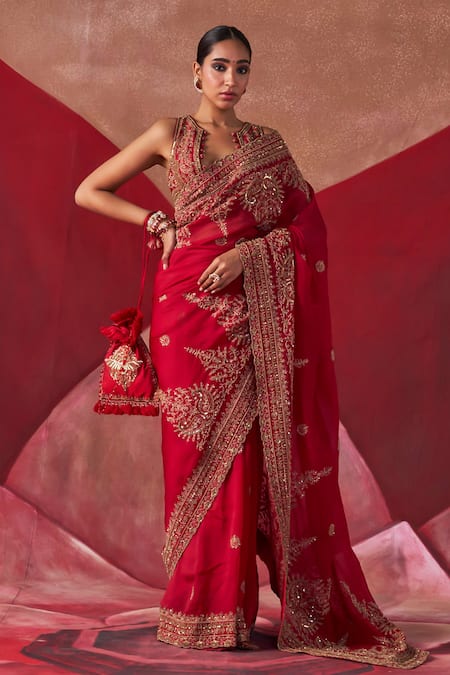 Buy Jigar Mali Red Silk Embroidery Scoop Neck Hand Saree With Blouse Online at Aza Fashions Buy_Jigar Mali_Red Silk Embroidery Scoop Neck Hand Saree With Blouse _Online_at_Aza_Fashions