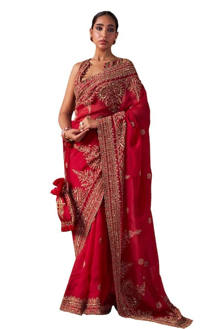 Shop Jigar Mali Red Silk Embroidery Scoop Neck Hand Saree With Blouse Online at Aza Fashions Shop_Jigar Mali_Red Silk Embroidery Scoop Neck Hand Saree With Blouse _Online_at_Aza_Fashions