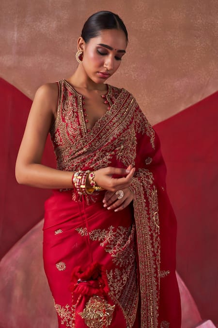 Jigar Mali Red Silk Embroidery Scoop Neck Hand Saree With Blouse at Aza Fashions Jigar Mali_Red Silk Embroidery Scoop Neck Hand Saree With Blouse _at_Aza_Fashions