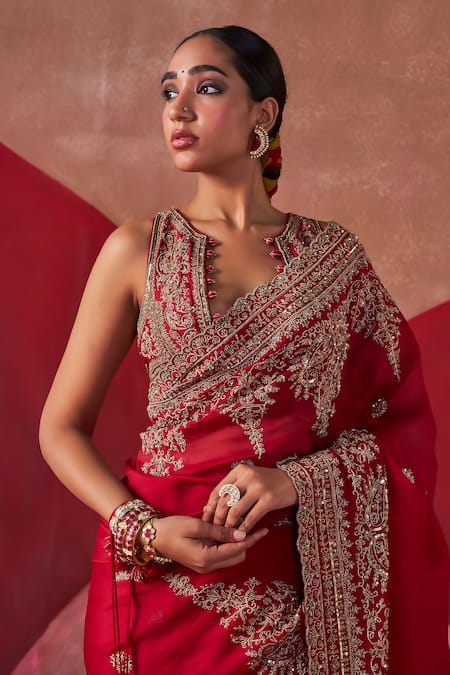 Buy Jigar Mali Red Silk Embroidery Scoop Neck Hand Saree With Blouse Buy_Jigar Mali_Red Silk Embroidery Scoop Neck Hand Saree With Blouse