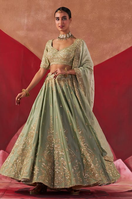Jigar Mali Green Brocade, Organza Embroidery, Sequins Asymmetric Dori Blouse Lehenga Set Online at Aza Fashions Jigar Mali_Green Brocade, Organza Embroidery, Sequins Asymmetric Dori Blouse Lehenga Set _Online_at_Aza_Fashions