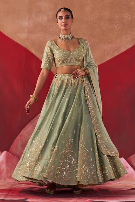 Buy Jigar Mali Green Brocade, Organza Embroidery, Sequins Asymmetric Dori Blouse Lehenga Set Online at Aza Fashions Buy_Jigar Mali_Green Brocade, Organza Embroidery, Sequins Asymmetric Dori Blouse Lehenga Set _Online_at_Aza_Fashions