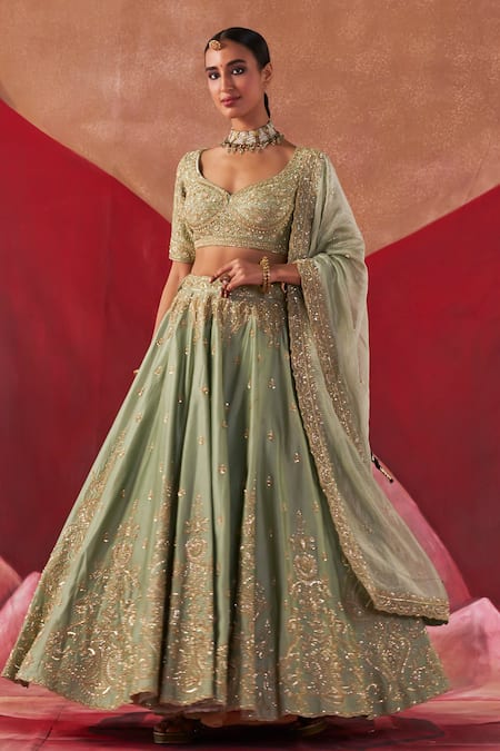 Shop Jigar Mali Green Brocade, Organza Embroidery, Sequins Asymmetric Dori Blouse Lehenga Set Online at Aza Fashions Shop_Jigar Mali_Green Brocade, Organza Embroidery, Sequins Asymmetric Dori Blouse Lehenga Set _Online_at_Aza_Fashions