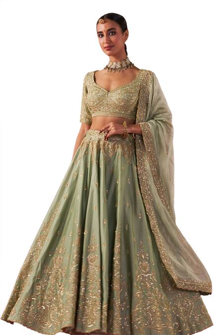 Jigar Mali Green Brocade, Organza Embroidery, Sequins Asymmetric Dori Blouse Lehenga Set at Aza Fashions Jigar Mali_Green Brocade, Organza Embroidery, Sequins Asymmetric Dori Blouse Lehenga Set _at_Aza_Fashions