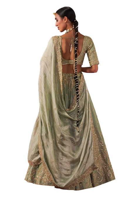 Shop Jigar Mali Green Brocade, Organza Embroidery, Sequins Asymmetric Dori Blouse Lehenga Set Shop_Jigar Mali_Green Brocade, Organza Embroidery, Sequins Asymmetric Dori Blouse Lehenga Set