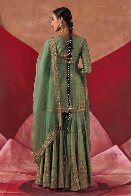 Shop Jigar Mali Green Chanderi, Organza Embroidery V-neck Aari Kurta Sharara Set at Aza Fashions Shop_Jigar Mali_Green Chanderi, Organza Embroidery V-neck Aari Kurta Sharara Set _at_Aza_Fashions