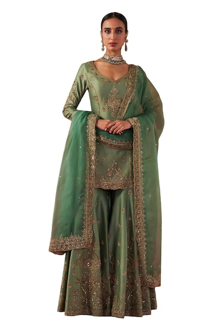 Buy Jigar Mali Green Chanderi, Organza Embroidery V-neck Aari Kurta Sharara Set Online at Aza Fashions Buy_Jigar Mali_Green Chanderi, Organza Embroidery V-neck Aari Kurta Sharara Set _Online_at_Aza_Fashions
