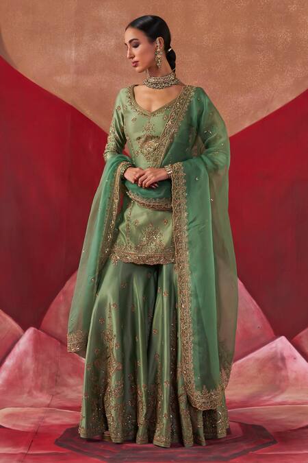 Shop Jigar Mali Green Chanderi, Organza Embroidery V-neck Aari Kurta Sharara Set Online at Aza Fashions Shop_Jigar Mali_Green Chanderi, Organza Embroidery V-neck Aari Kurta Sharara Set _Online_at_Aza_Fashions