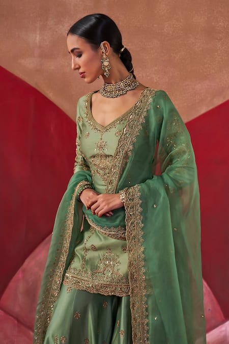 Jigar Mali Green Chanderi, Organza Embroidery V-neck Aari Kurta Sharara Set at Aza Fashions Jigar Mali_Green Chanderi, Organza Embroidery V-neck Aari Kurta Sharara Set _at_Aza_Fashions