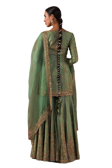 Buy Jigar Mali Green Chanderi, Organza Embroidery V-neck Aari Kurta Sharara Set Buy_Jigar Mali_Green Chanderi, Organza Embroidery V-neck Aari Kurta Sharara Set