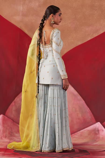 Shop Jigar Mali Blue Chanderi, Organza Embroidery Round Neck Dori Hand Kurta Gharara Set at Aza Fashions Shop_Jigar Mali_Blue Chanderi, Organza Embroidery Round Neck Dori Hand Kurta Gharara Set_at_Aza_Fashions