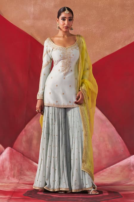 Jigar Mali Blue Chanderi, Organza Embroidery Round Neck Dori Hand Kurta Gharara Set Online at Aza Fashions Jigar Mali_Blue Chanderi, Organza Embroidery Round Neck Dori Hand Kurta Gharara Set_Online_at_Aza_Fashions