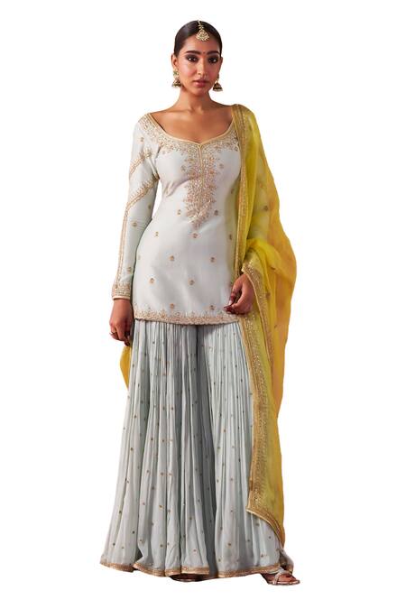 Buy Jigar Mali Blue Chanderi, Organza Embroidery Round Neck Dori Hand Kurta Gharara Set Online at Aza Fashions Buy_Jigar Mali_Blue Chanderi, Organza Embroidery Round Neck Dori Hand Kurta Gharara Set_Online_at_Aza_Fashions