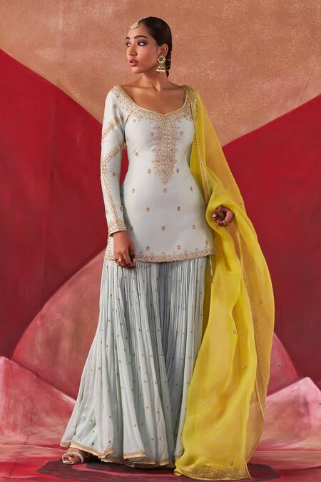 Shop Jigar Mali Blue Chanderi, Organza Embroidery Round Neck Dori Hand Kurta Gharara Set Online at Aza Fashions Shop_Jigar Mali_Blue Chanderi, Organza Embroidery Round Neck Dori Hand Kurta Gharara Set_Online_at_Aza_Fashions