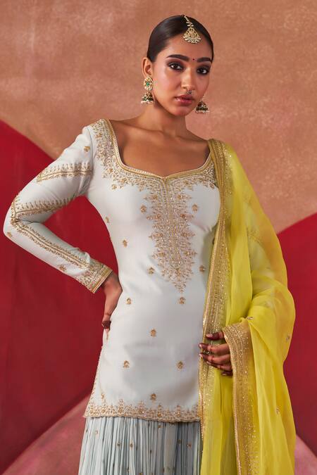 Jigar Mali Blue Chanderi, Organza Embroidery Round Neck Dori Hand Kurta Gharara Set at Aza Fashions Jigar Mali_Blue Chanderi, Organza Embroidery Round Neck Dori Hand Kurta Gharara Set_at_Aza_Fashions