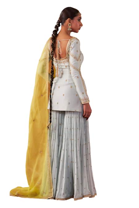 Buy Jigar Mali Blue Chanderi, Organza Embroidery Round Neck Dori Hand Kurta Gharara Set Buy_Jigar Mali_Blue Chanderi, Organza Embroidery Round Neck Dori Hand Kurta Gharara Set