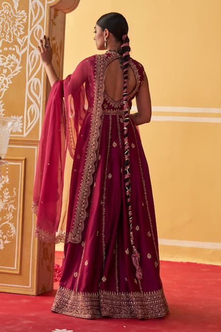 Shop Jigar Mali Wine Chanderi, Organza Embroidery Plunge Neck Aari Hand Anarkali Pant Set at Aza Fashions Shop_Jigar Mali_Wine Chanderi, Organza Embroidery Plunge Neck Aari Hand Anarkali Pant Set _at_Aza_Fashions