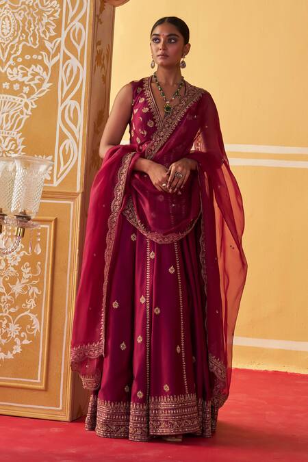 Jigar Mali Wine Chanderi, Organza Embroidery Plunge Neck Aari Hand Anarkali Pant Set Online at Aza Fashions Jigar Mali_Wine Chanderi, Organza Embroidery Plunge Neck Aari Hand Anarkali Pant Set _Online_at_Aza_Fashions