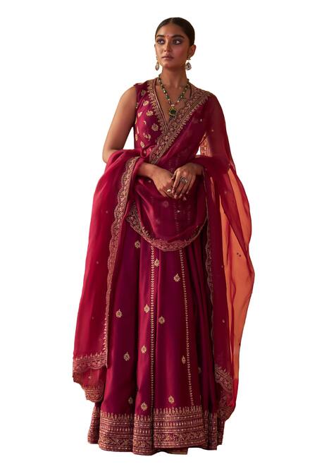 Buy Jigar Mali Wine Chanderi, Organza Embroidery Plunge Neck Aari Hand Anarkali Pant Set Online at Aza Fashions Buy_Jigar Mali_Wine Chanderi, Organza Embroidery Plunge Neck Aari Hand Anarkali Pant Set _Online_at_Aza_Fashions