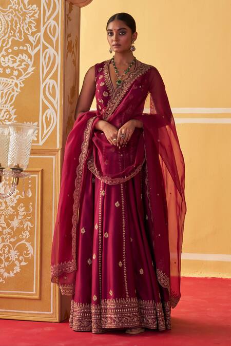 Shop Jigar Mali Wine Chanderi, Organza Embroidery Plunge Neck Aari Hand Anarkali Pant Set Online at Aza Fashions Shop_Jigar Mali_Wine Chanderi, Organza Embroidery Plunge Neck Aari Hand Anarkali Pant Set _Online_at_Aza_Fashions